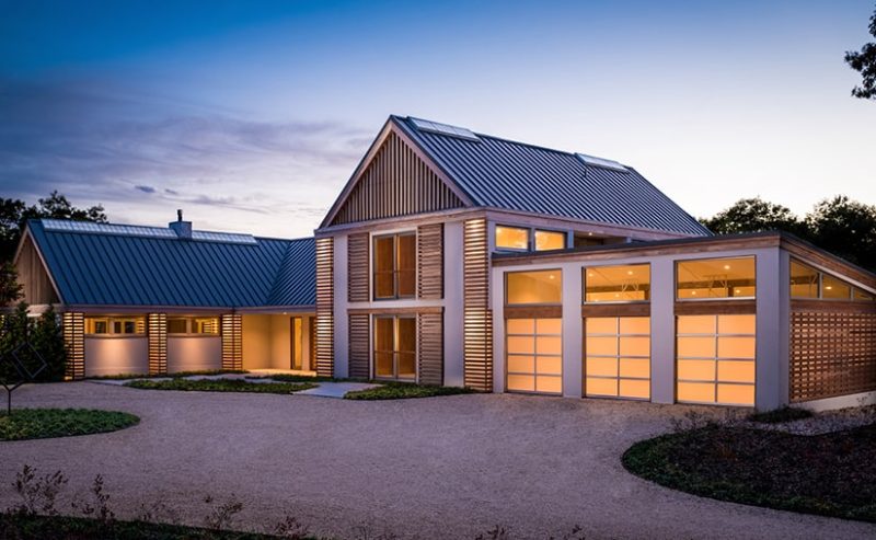 Frosted garage doors on a barn style house